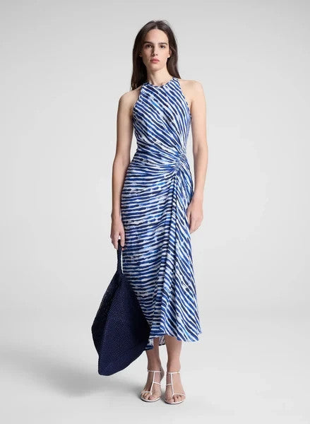 A.L.C. NEW Blue White Ruby Midi Ruched Linen Silk Dress - Size 4 - 1125KG