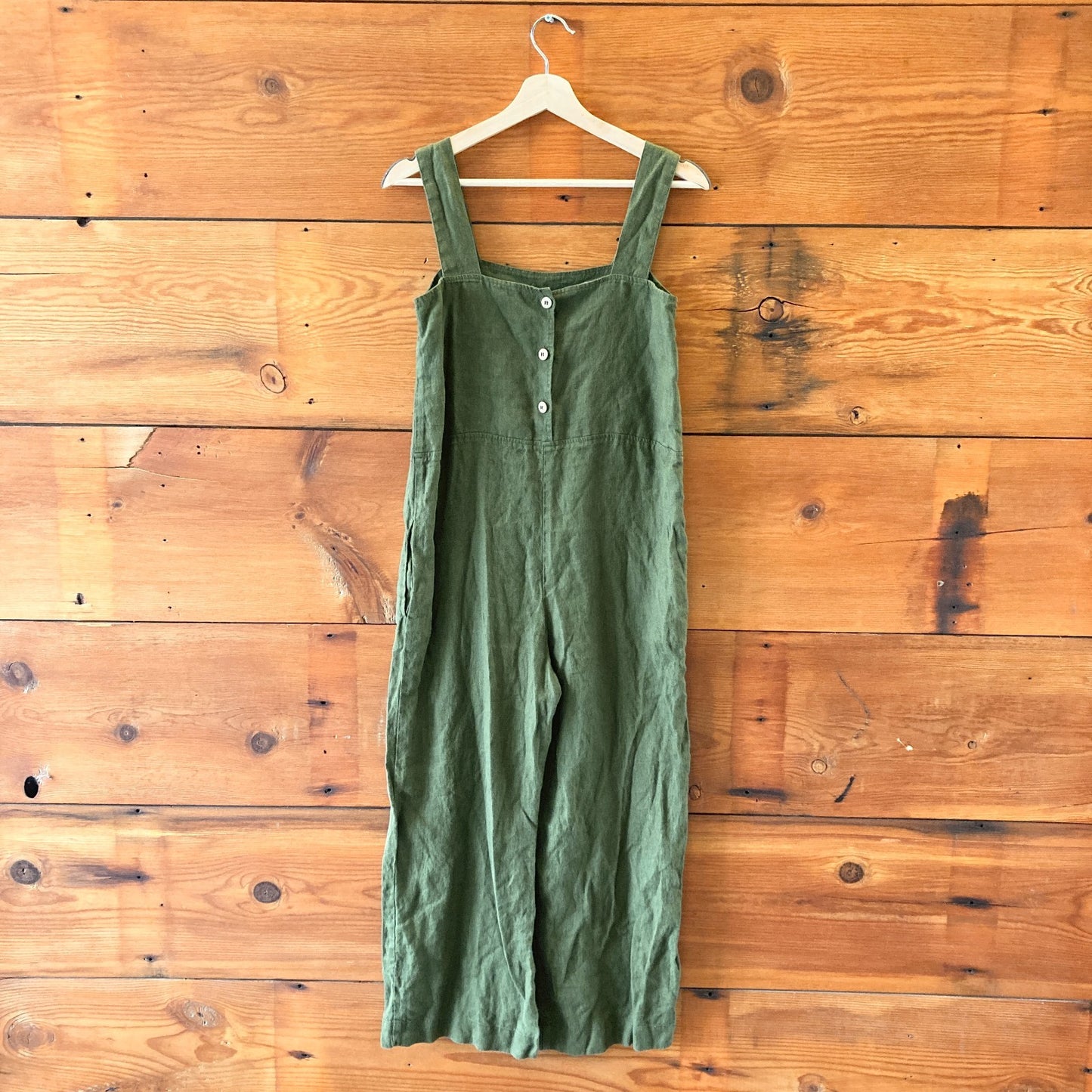XS - LinenFox Dark Green Sleeveless Button Back Linen Jumpsuit 0312IG