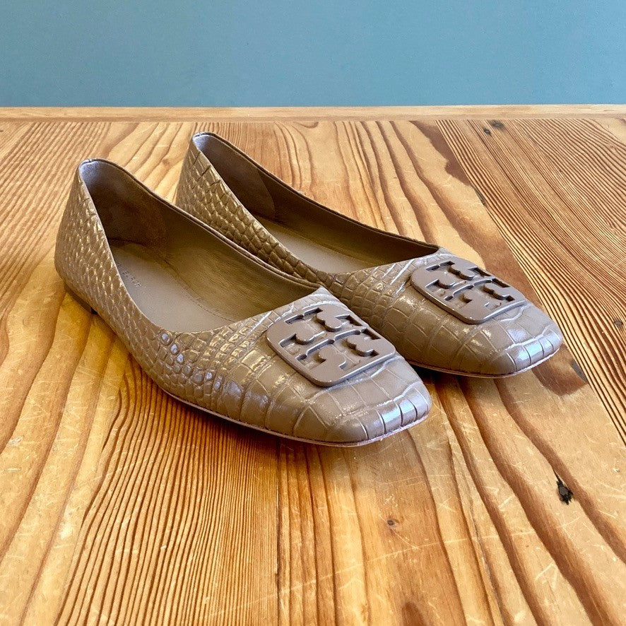 10 - Tory Burch Tan Brown Patent Leather Croc Embossed Flats Shoes 0206BS