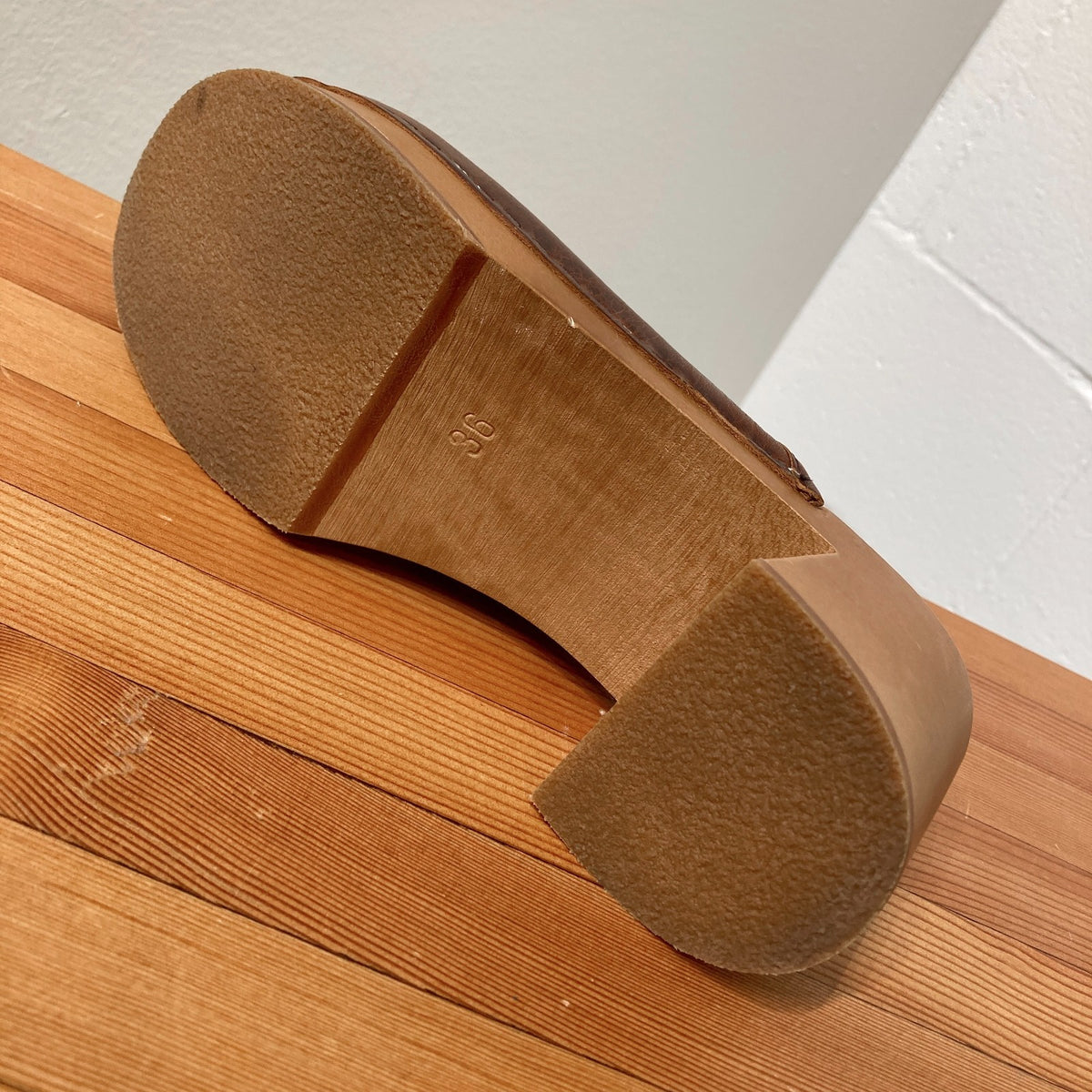 Swedish Hasbeens Brown Leather Wood Nature Clogs Shoes - Size 36 / 6 - 0312IG
