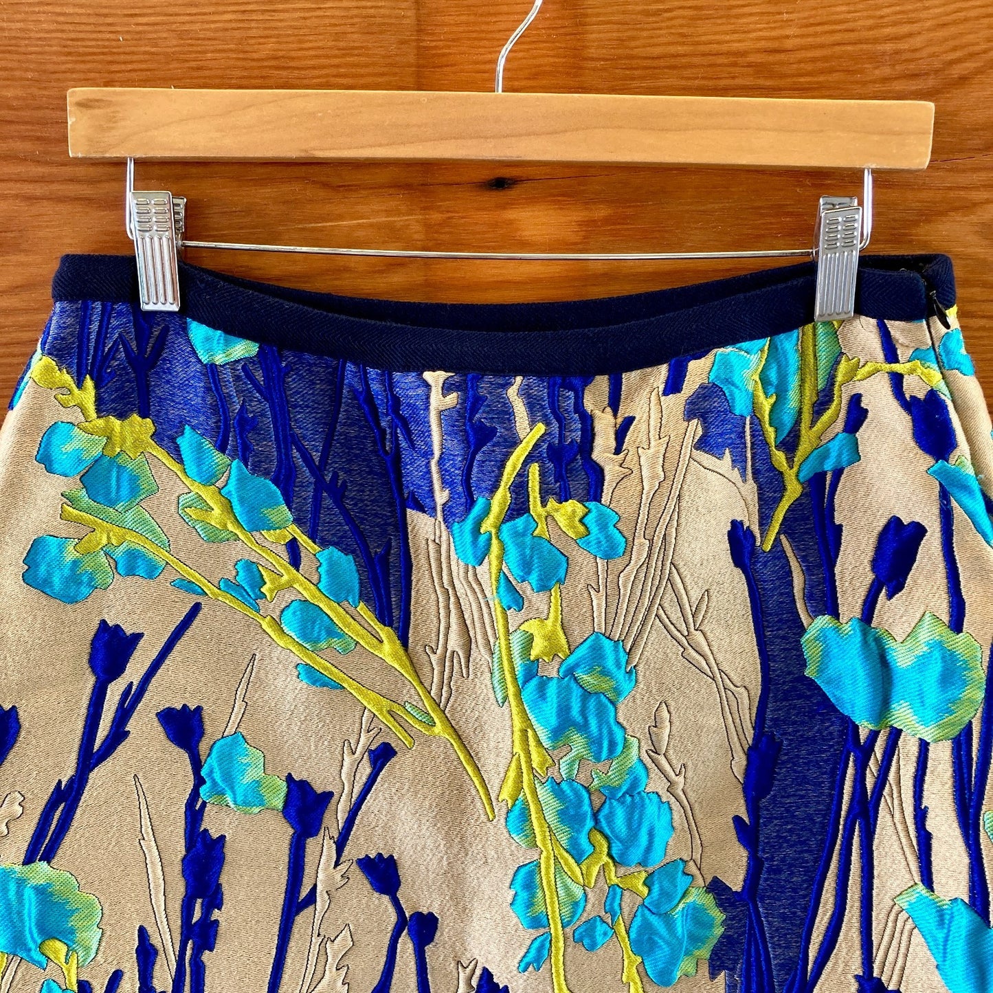 Odeeh Blue Beige Floral Jacquard Cloque Skirt - Size 42 / 10 US - 0721DK
