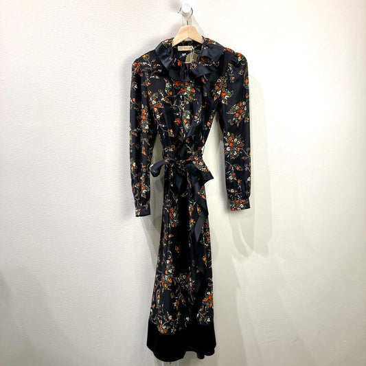 Tory Burch $798 Black Sacred Floral Ruffle Wrap Midi Dress - Sz 2 - NEW - 1017SC