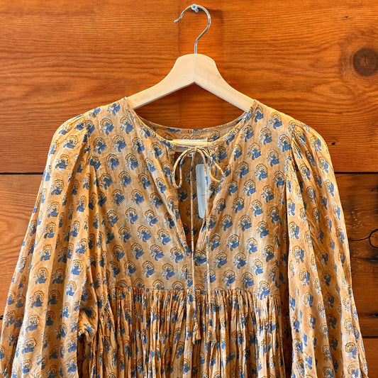 Daughters of India Sandalwood Tan Blue Printed Kyra Mini Dress - Size M - 0425NK