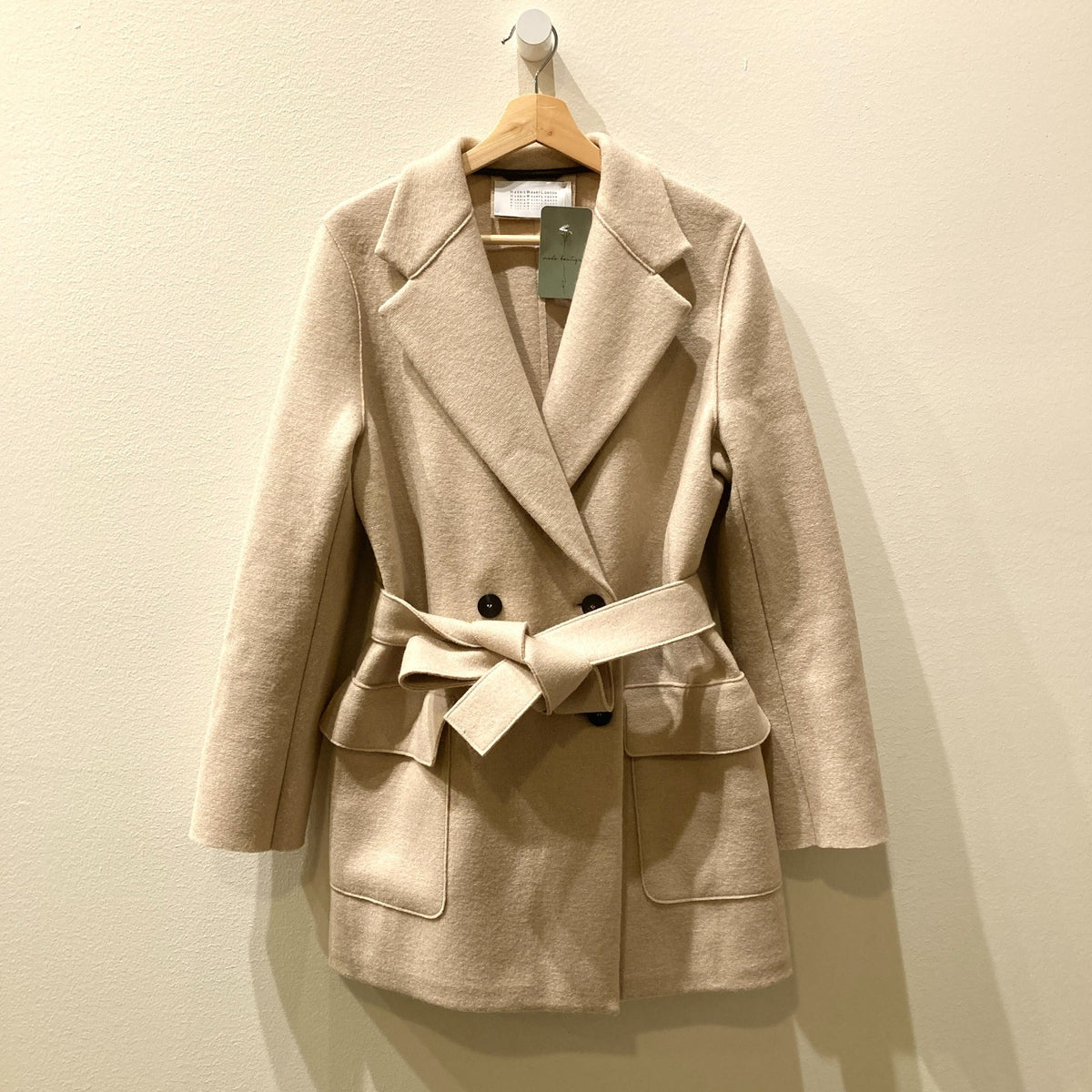 Harris Wharf Beige Tie Waist Wool Double Breasted Coat - Size 44 / L - 1125KG