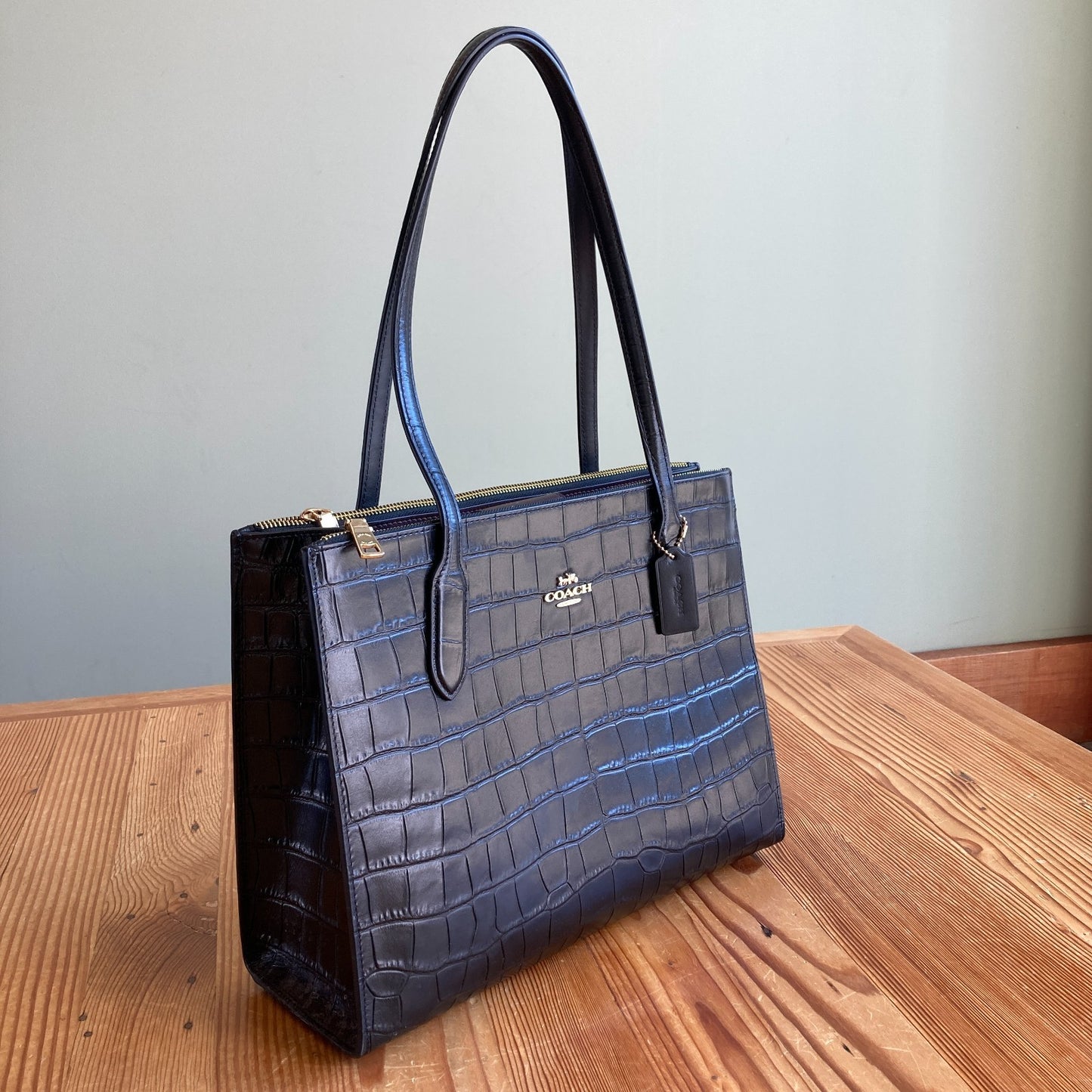 Coach Black Crocodile Embossed Leather Nina Carryall Tote Bag Purse - 0311AY