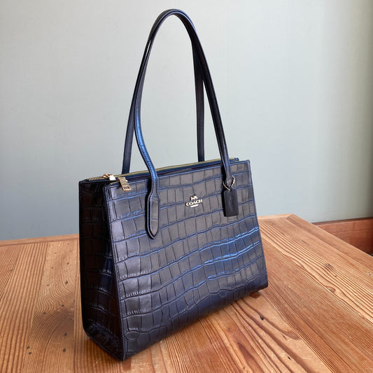 Coach Black Crocodile Embossed Leather Nina Carryall Tote Bag Purse - 0311AY