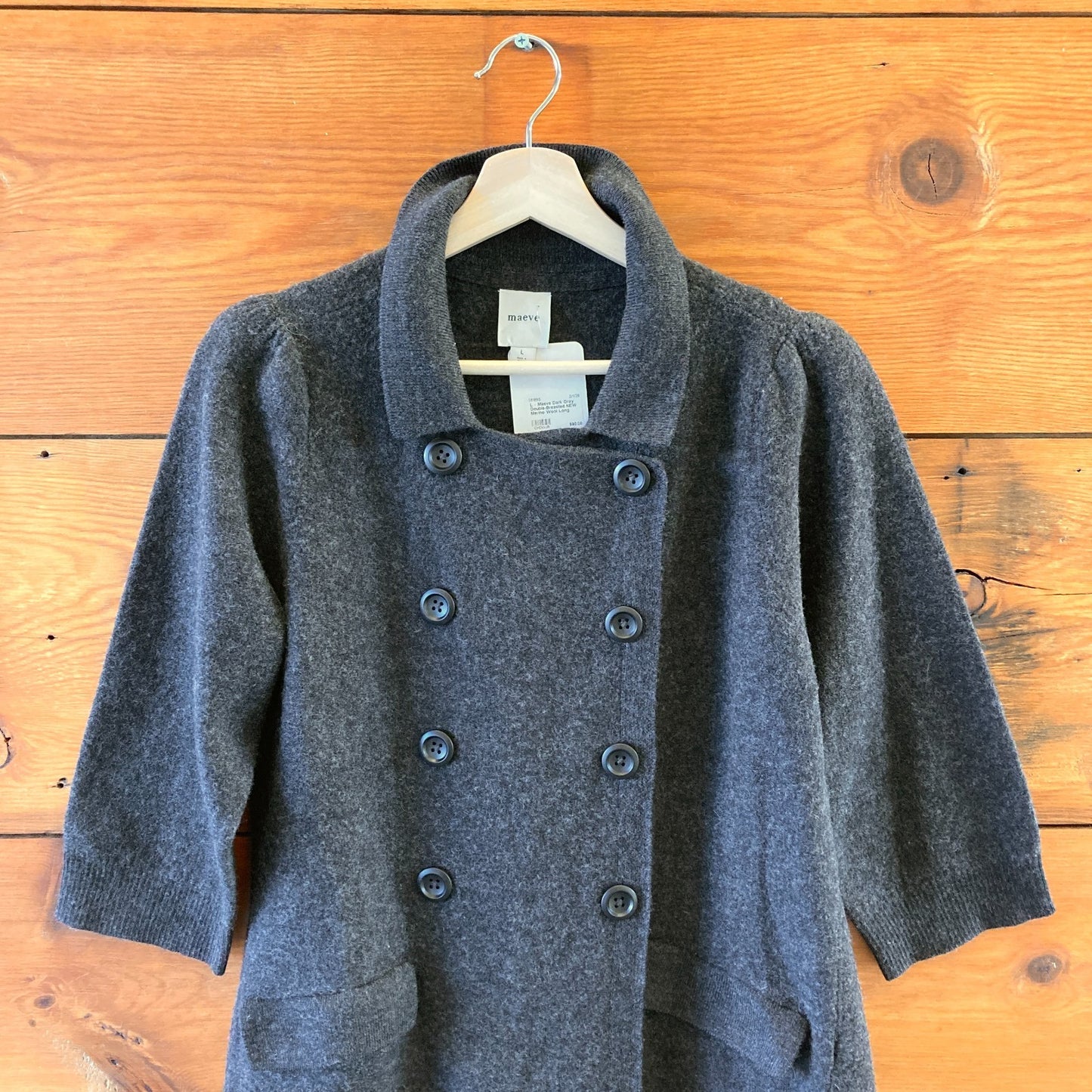 L - Maeve Dark Gray Double-Breasted NEW Merino Wool Long Cardigan Sweater 0618BS