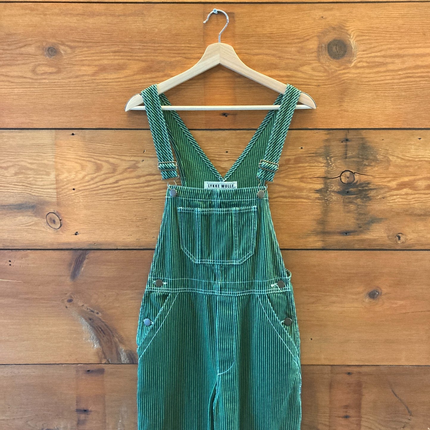XS / S - Lykke Wullf Green Navy Striped Workwear Sierra Bib Overalls 0312IG