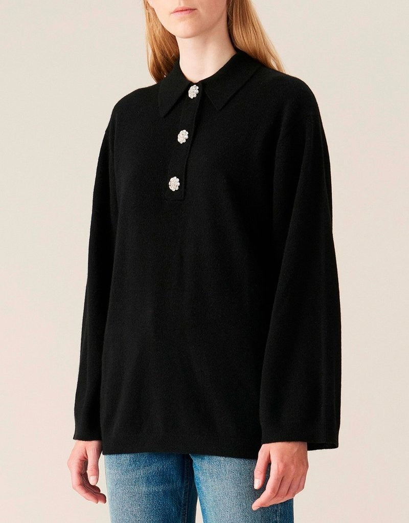 Ganni Black 100% Cashmere Jewel Button Neck Pullover Sweater - Size S / M 1205DA