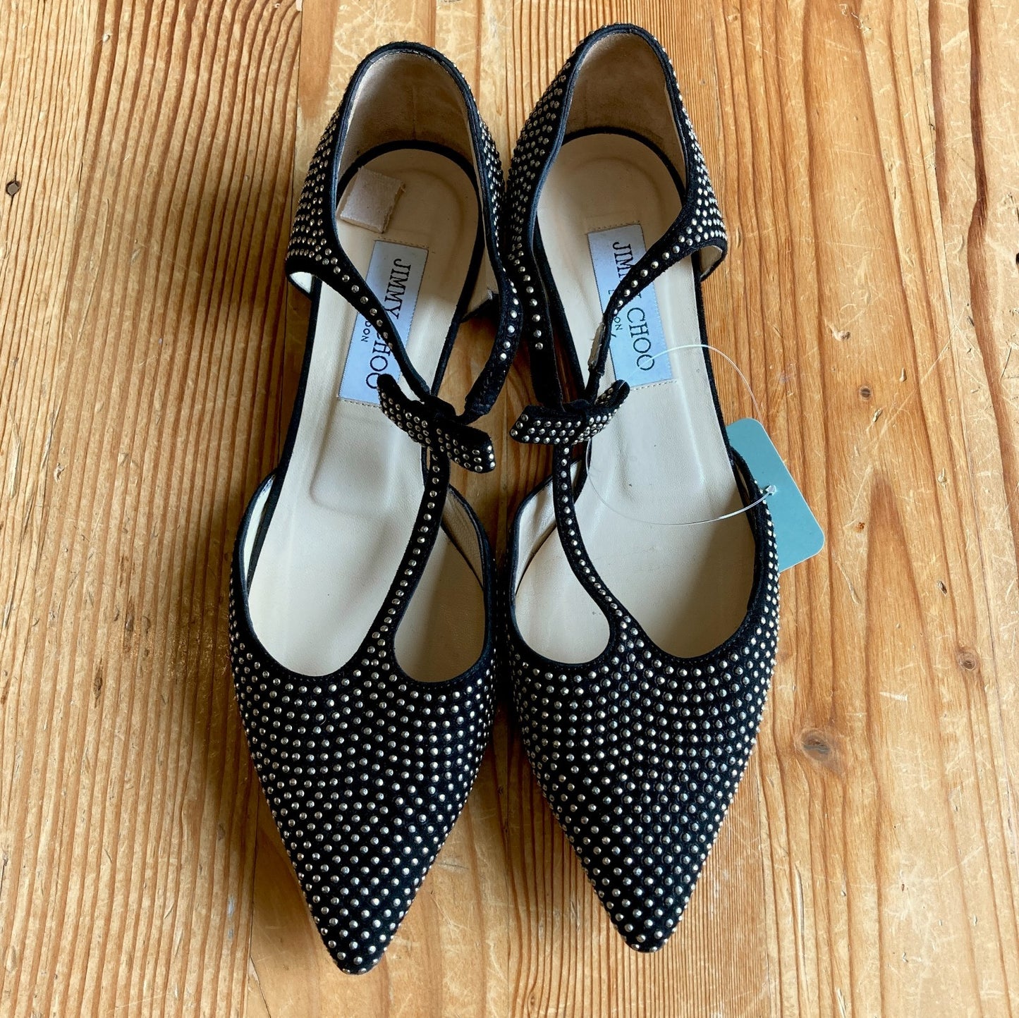 Jimmy Choo Black Studded Pointed Toe T Strap Flats Shoes - Size 38 / 8 - 0422VS