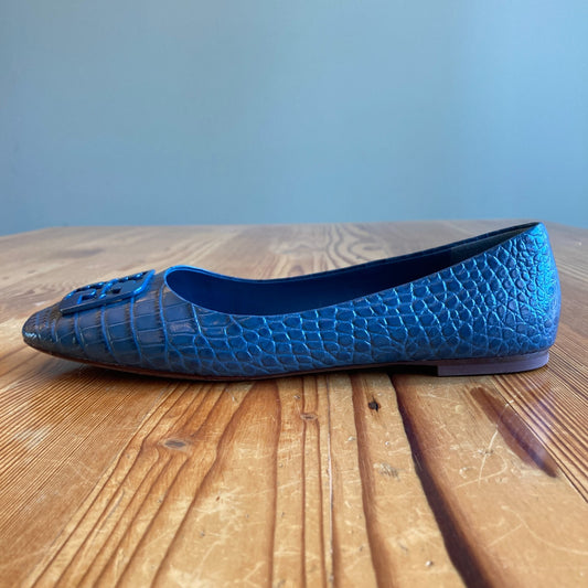 Tory Burch Blue Snake Embossed Leather Georgia Flats Shoes - Size 10 - 0206BS