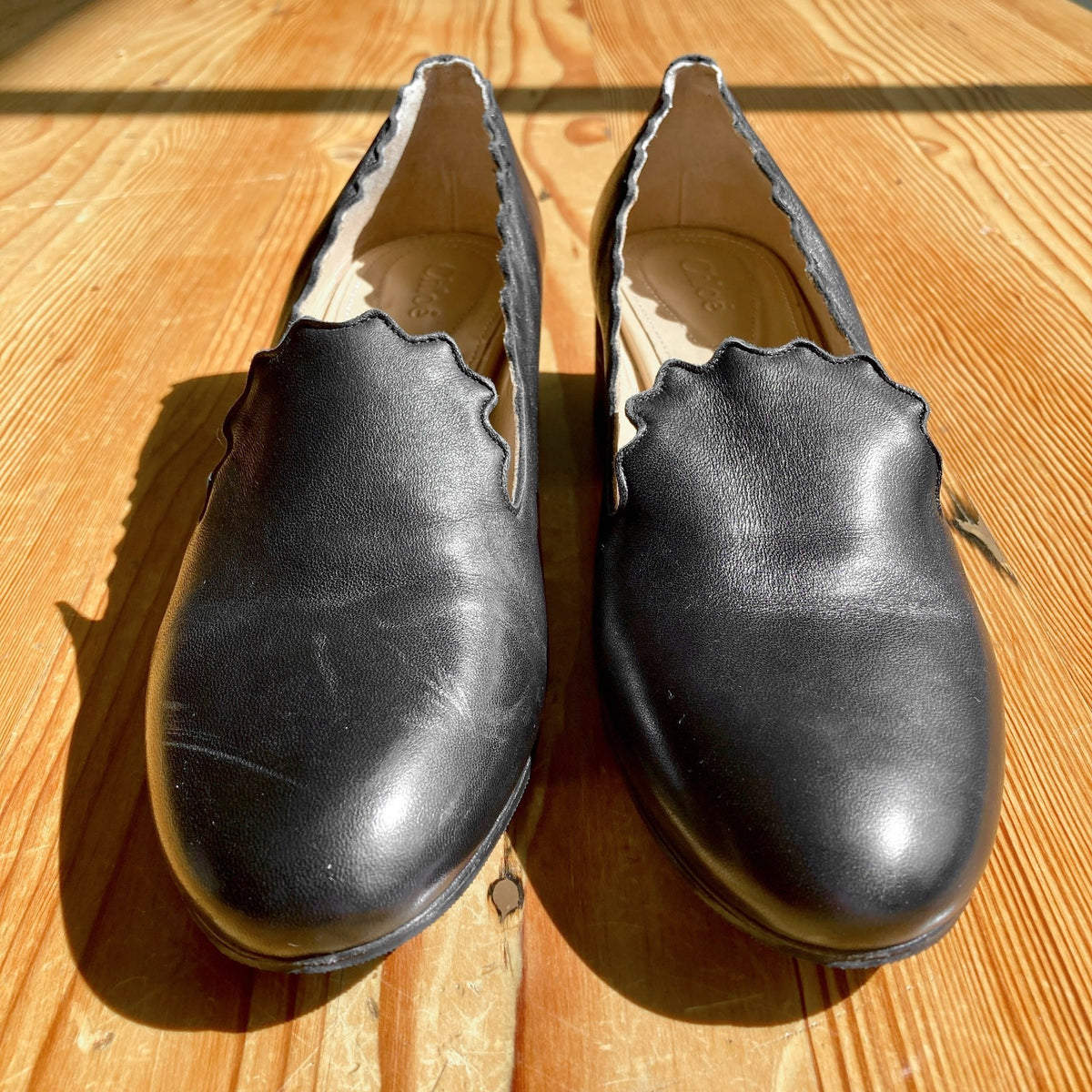 Chloe Black Leather Scallop Lauren Loafers Heels Shoes - Sz 36.5 / 6.5 - 0927EK