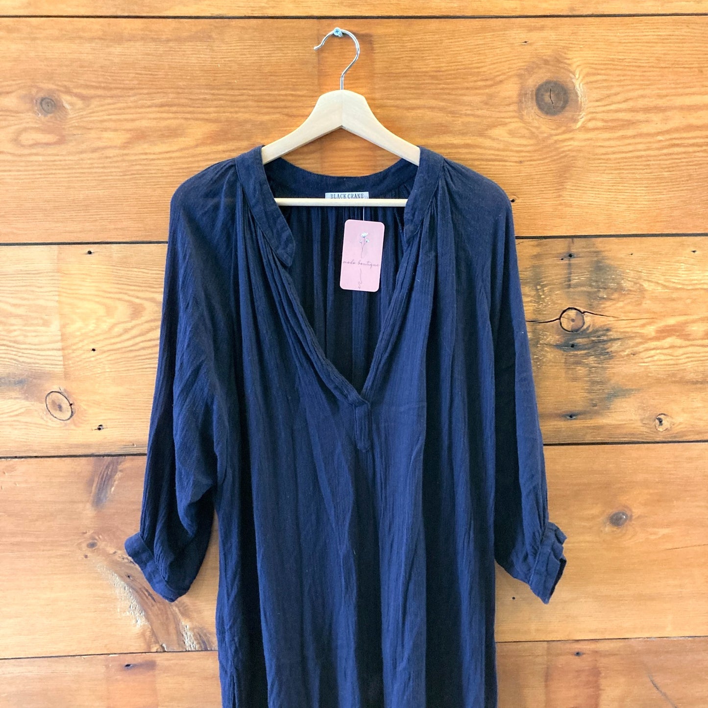 O/S - Black Crane Navy Blue Bamboo Cotton Gauze 3/4 Sleeve Dress 0313AH