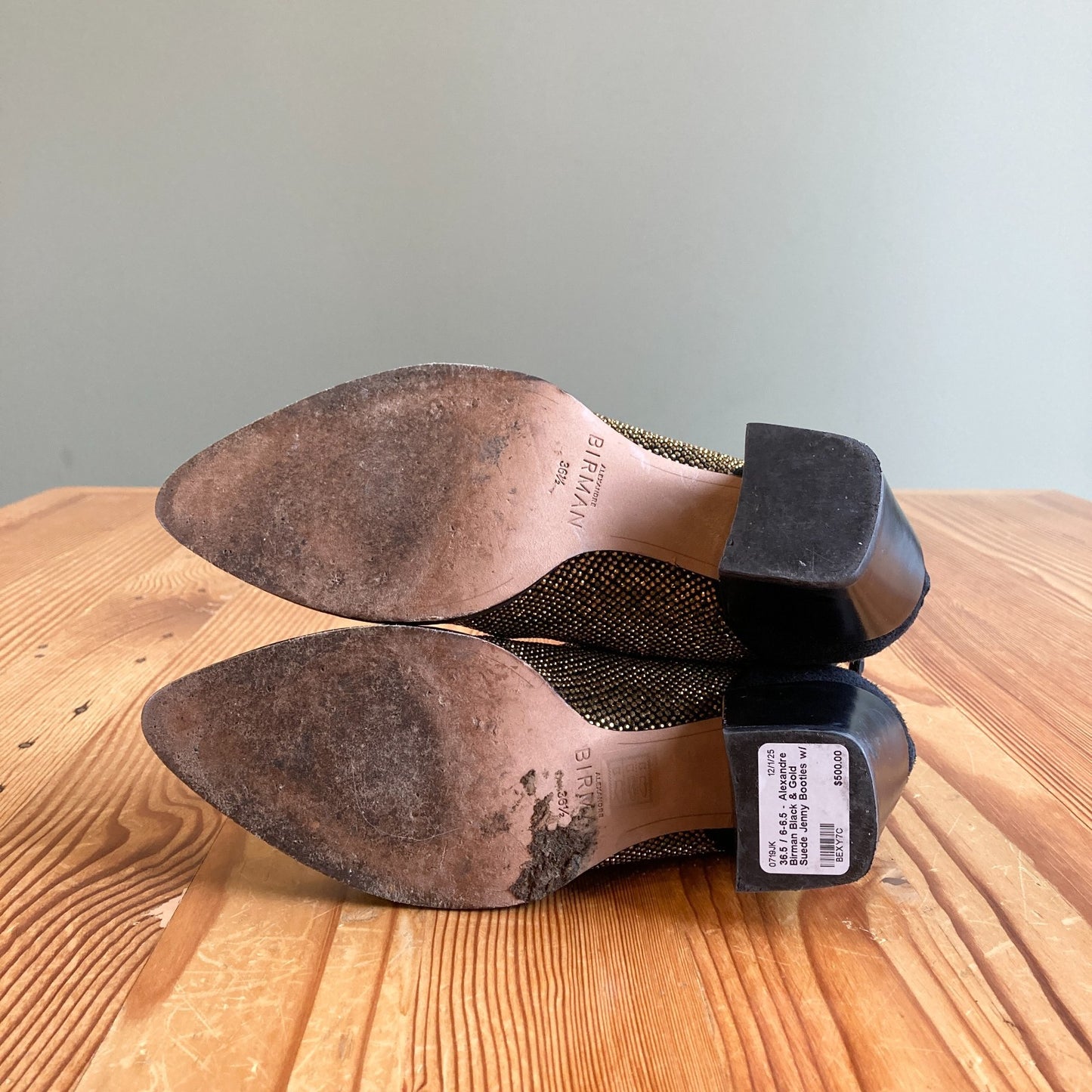 36.5 / 6-6.5 - Alexandre Birman Black & Gold Suede Jenny Booties w/ Box 0719JK