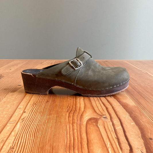 44 / 11.5 - Sandgrens Army Green Leather Open Heel Wooden Clogs Shoes 0603AG