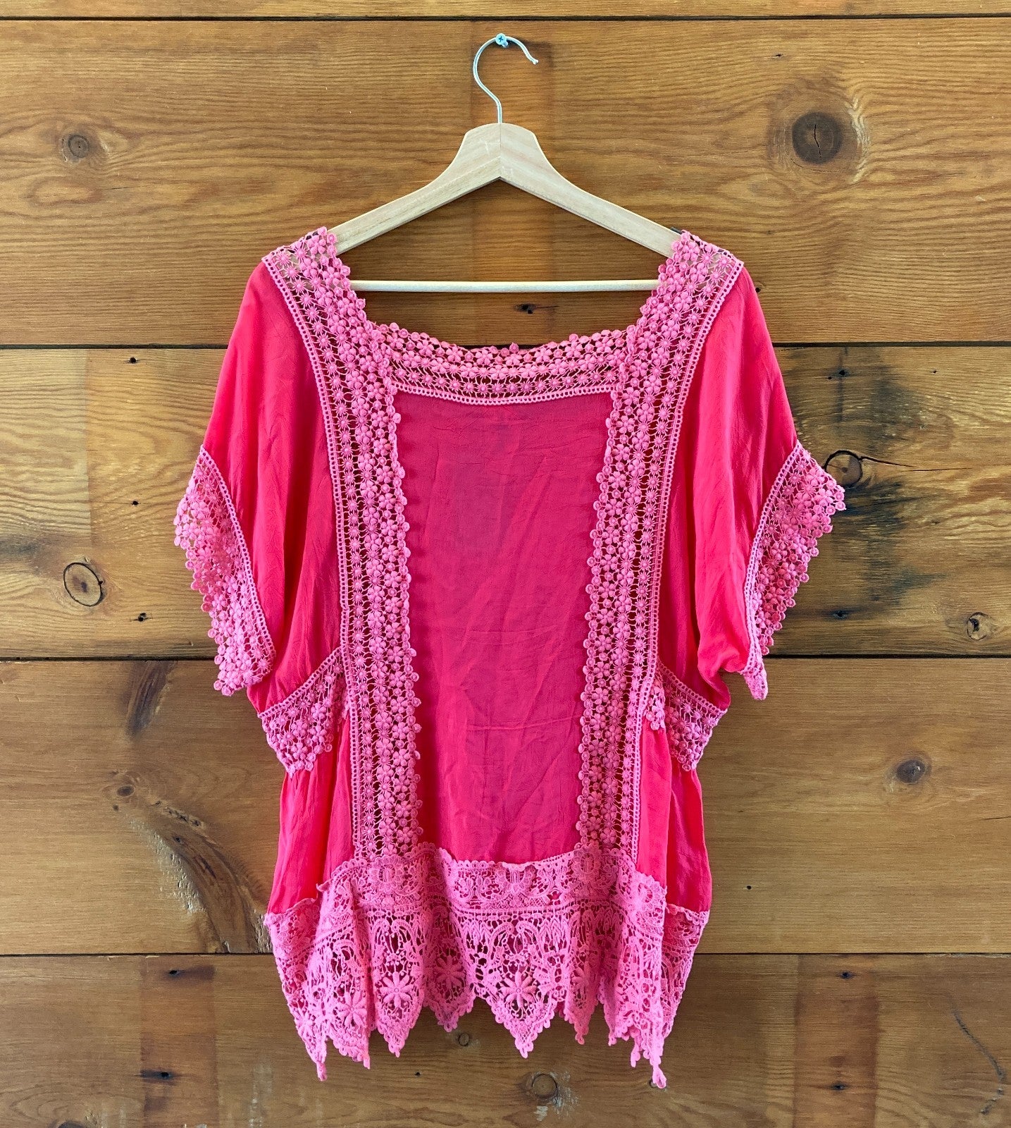 Johnny Was Bright Pink Crochet Trim Cupro Square Neck Top - Size L - 0617RF