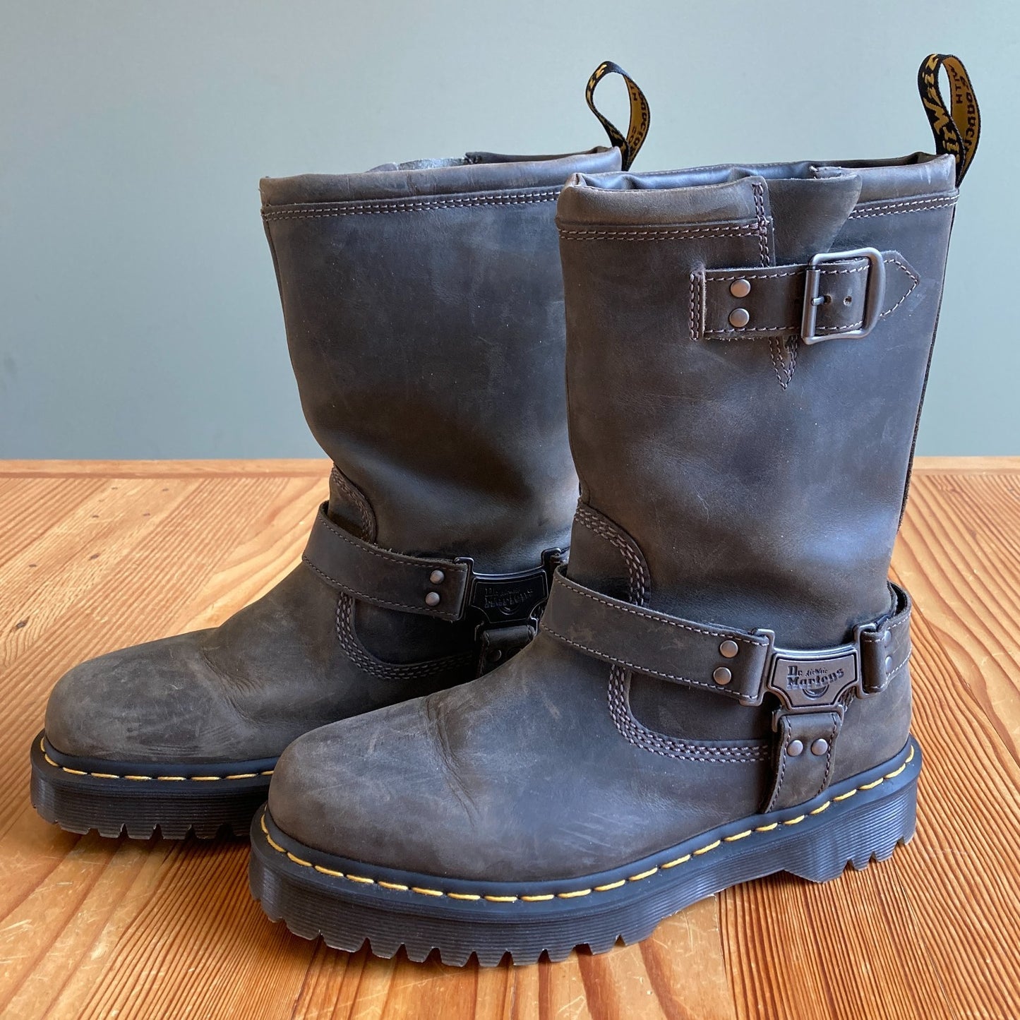 Dr Martens Charcoal Leather Anistone Biker Boots - Size 9 - NEW w/ Box - 0425SV