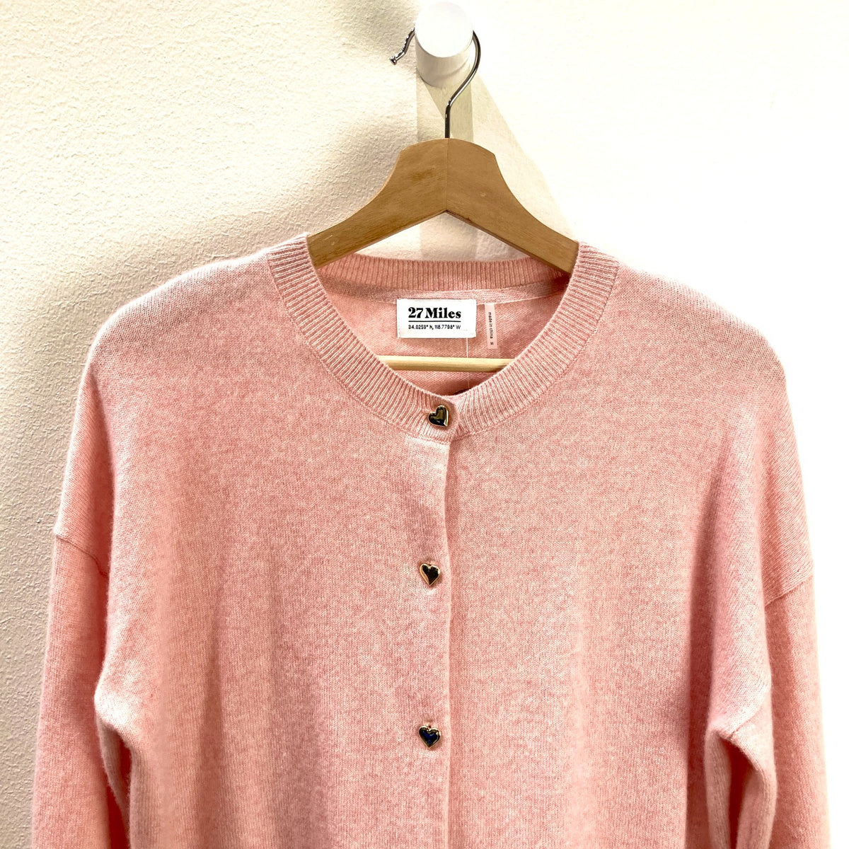 27 Miles $300 Blush Pink Heart Button Chiara Cashmere Sweater - Size M - 0930AC