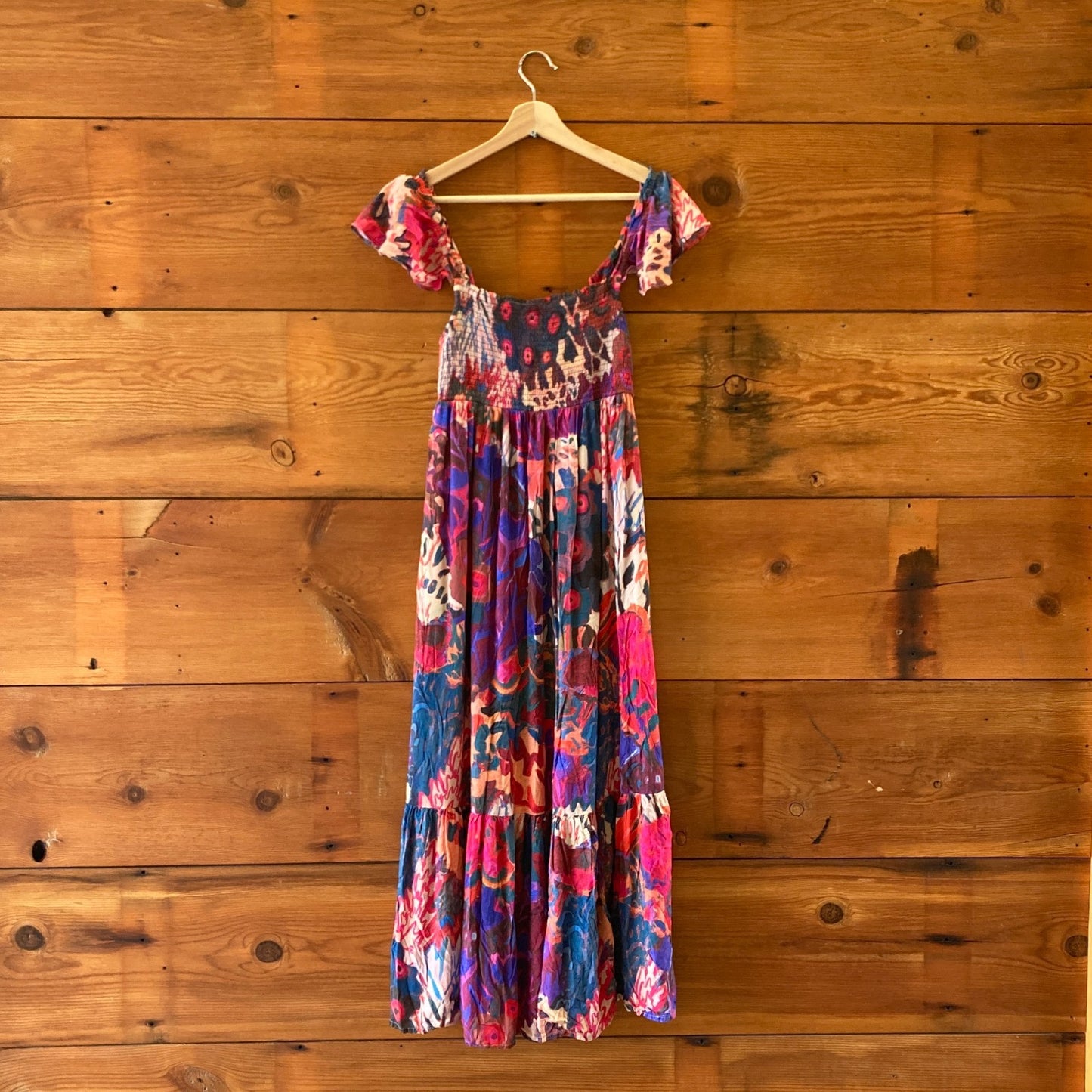M - Michelle Morin Anthropologie Multi-Color Printed Smocked Maxi Dress 0707AC