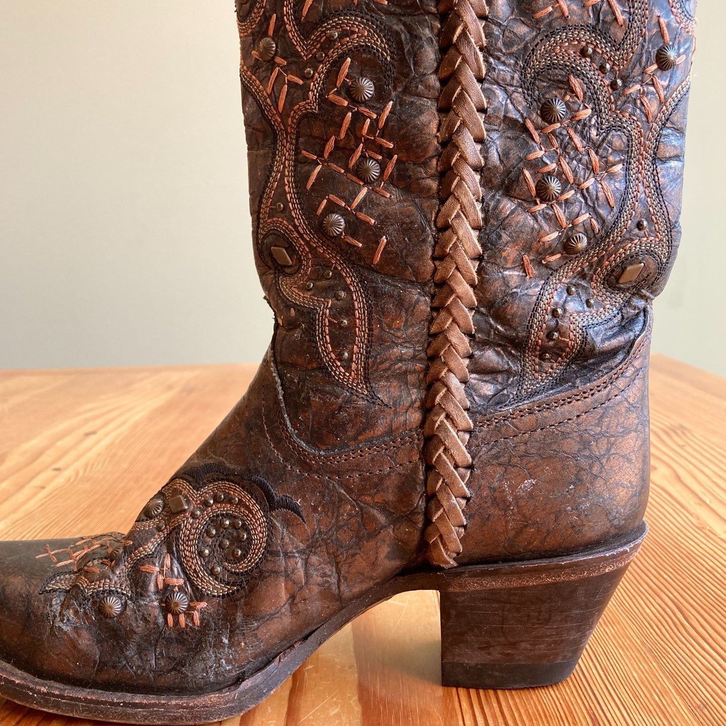 Corral Brown Leather Embroidered Braided Seam Western Boots - Size 7 - 0811GR