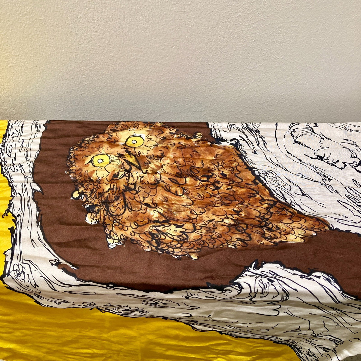 Robert Sargent Vintage 60s/70s Yellow Brown Owl in Tree Silk Scarf - 0320JS