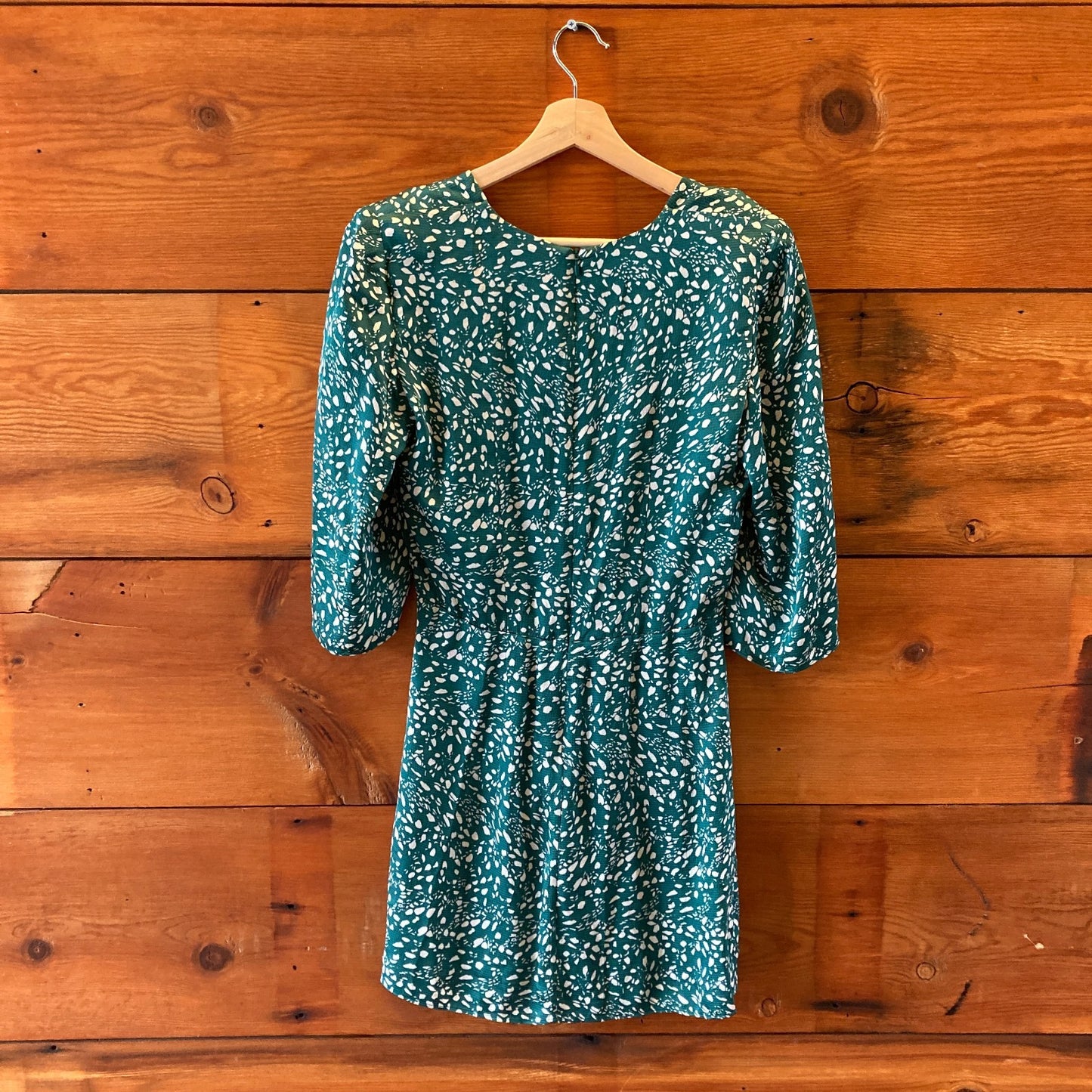 ba&sh Green White Printed Short Sleeve V-Neck Erika Mini Dress - Size M - 1114LH