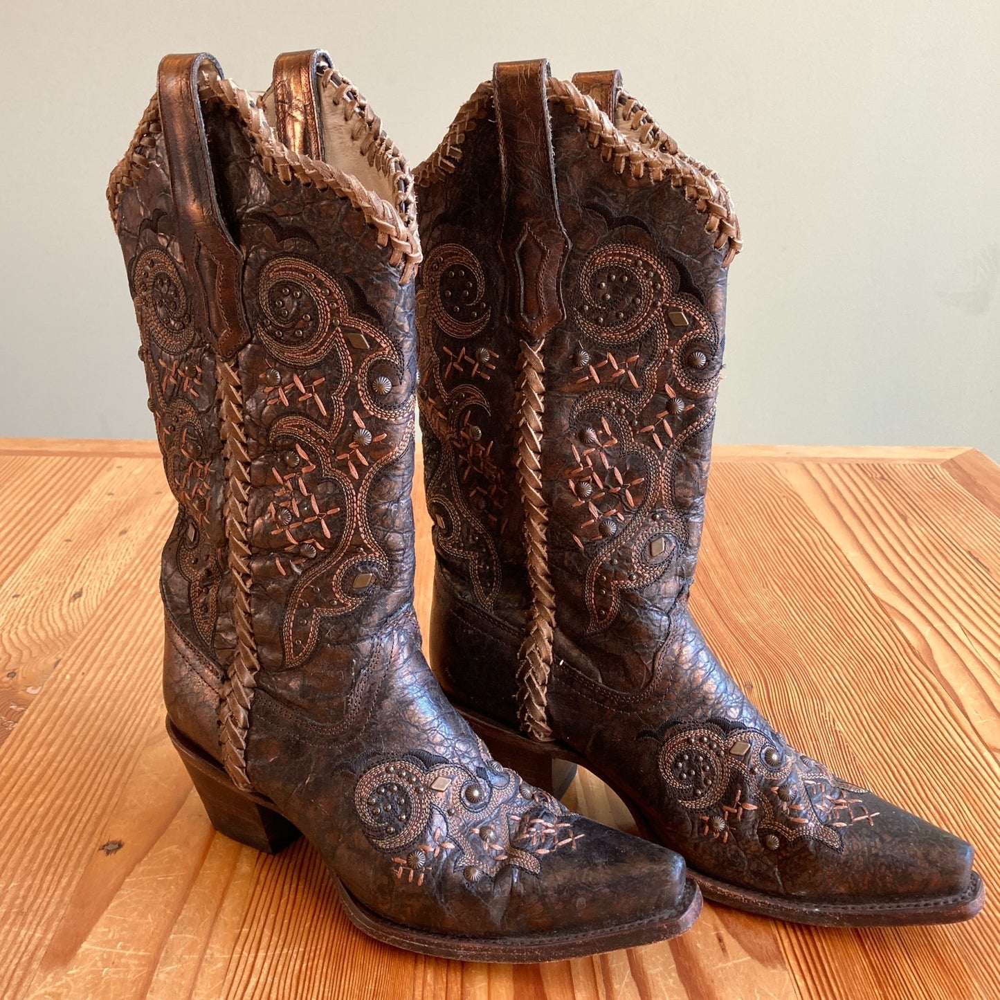 Corral Brown Leather Embroidered Braided Seam Western Boots - Size 7 - 0811GR