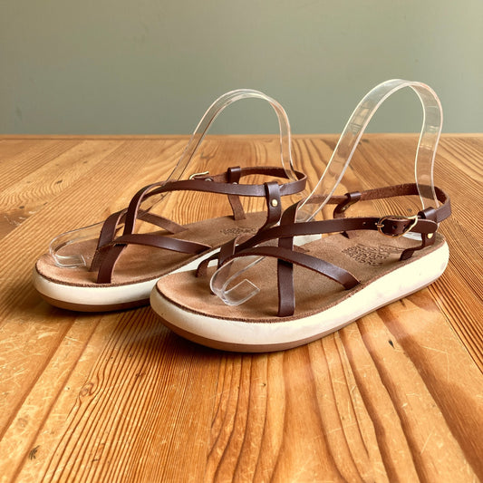 Ancient Greek Brown Leather w/ White Chunky Sole Sandals - Size 37 - 0504SL