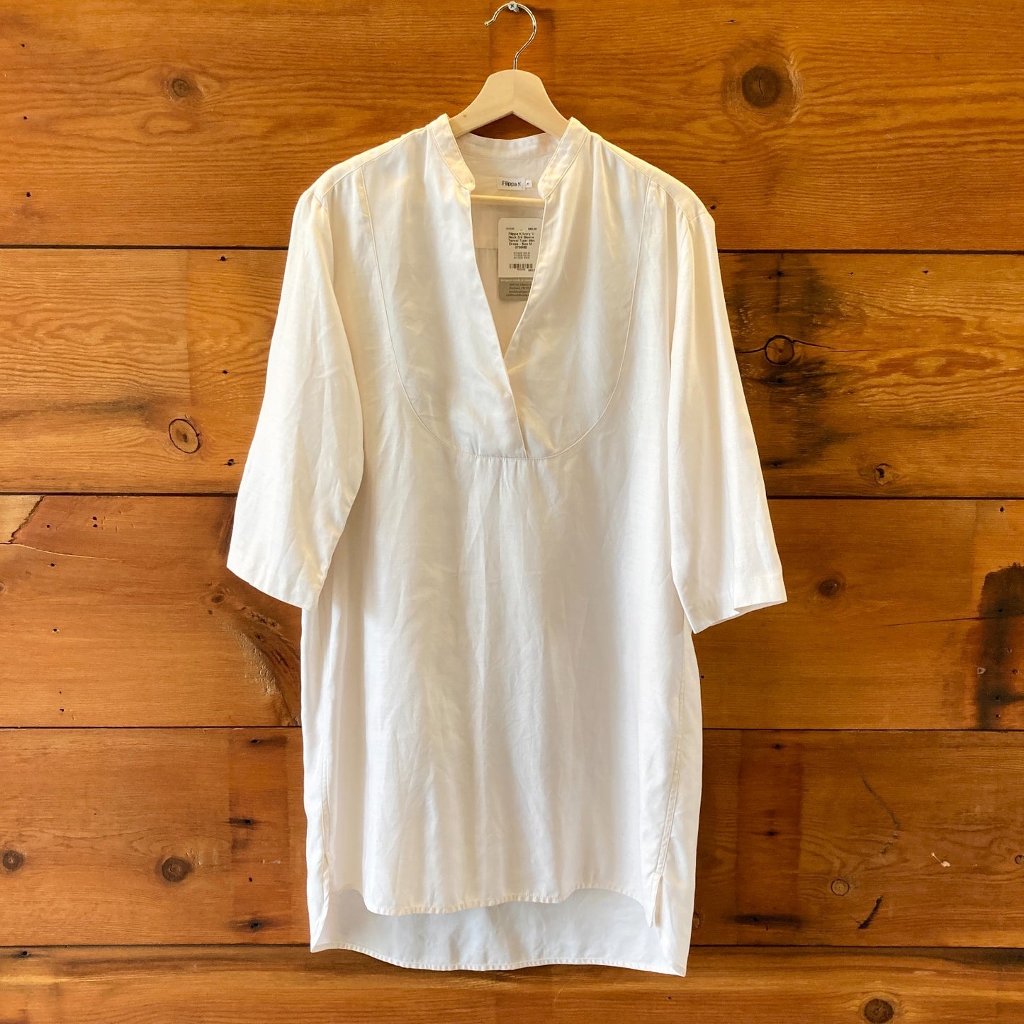 Filippa K Ivory V Neck 3/4 Sleeve Tencel Tunic Mini Dress - Size M - 0705MD