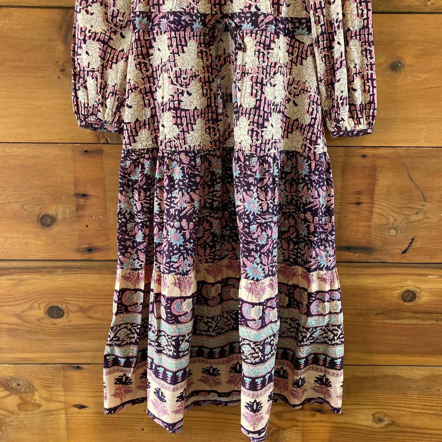 Faherty Pink Idina Block Print Long Sleeve Tie Waist Maxi Dress - Sz S - 0830KJ