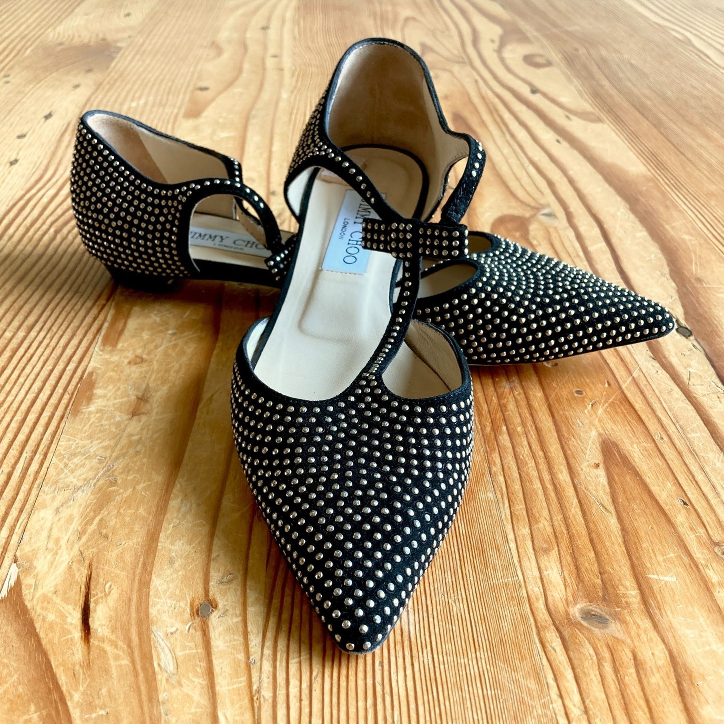 Jimmy Choo Black Studded Pointed Toe T Strap Flats Shoes - Size 38 / 8 - 0422VS
