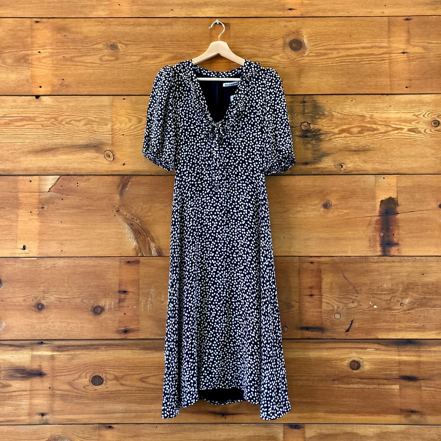 Reformation Black & White Dotted Pattern Short Sleeve Midi Dress - Sz 8 - 0102BW