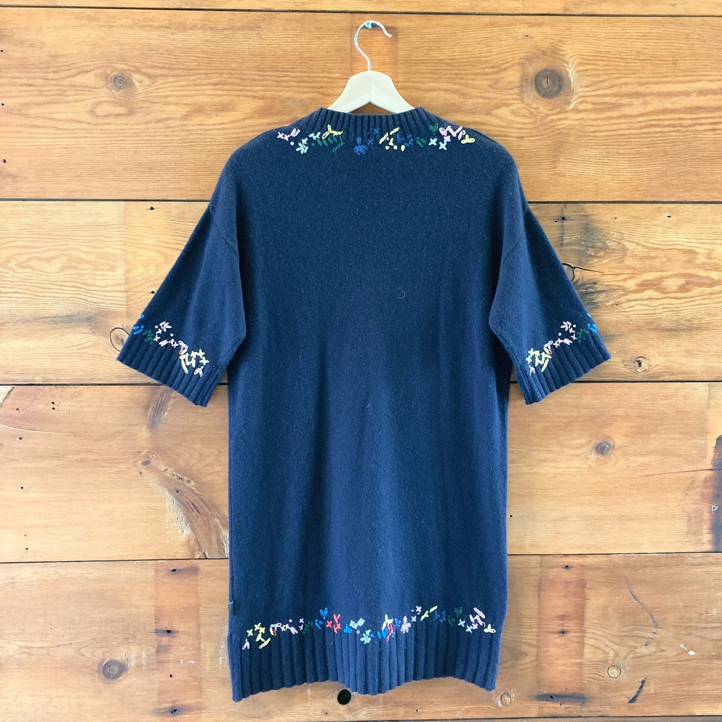 S - Love Moschino Navy Blue Wool Blend Embroidered V Neck Sweater Dress 0504AK