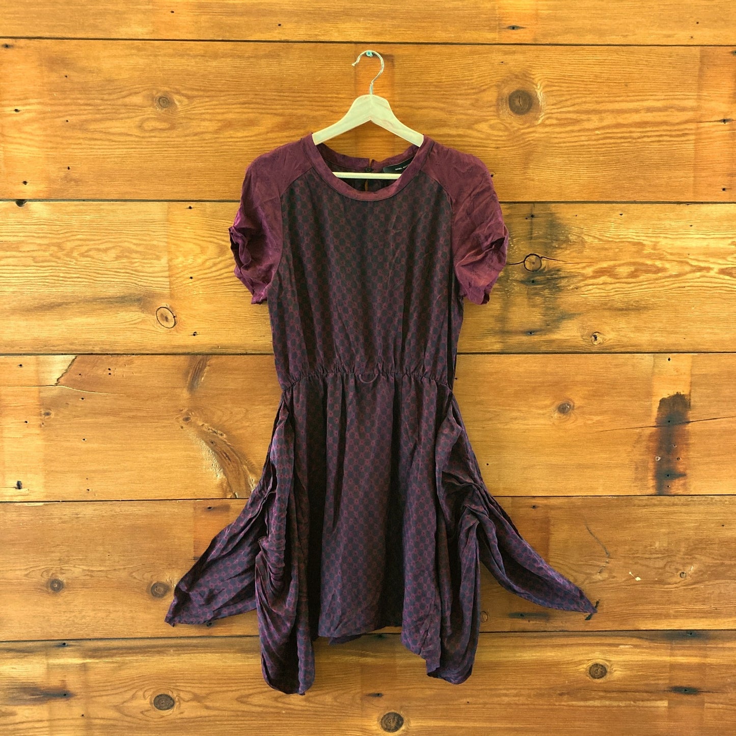 Isabel Marant Burgundy Black Printed Silk Gathered Dress - Size 40 / M - 1107TZ