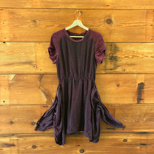 Isabel Marant Burgundy Black Printed Silk Gathered Dress - Size 40 / M - 1107TZ