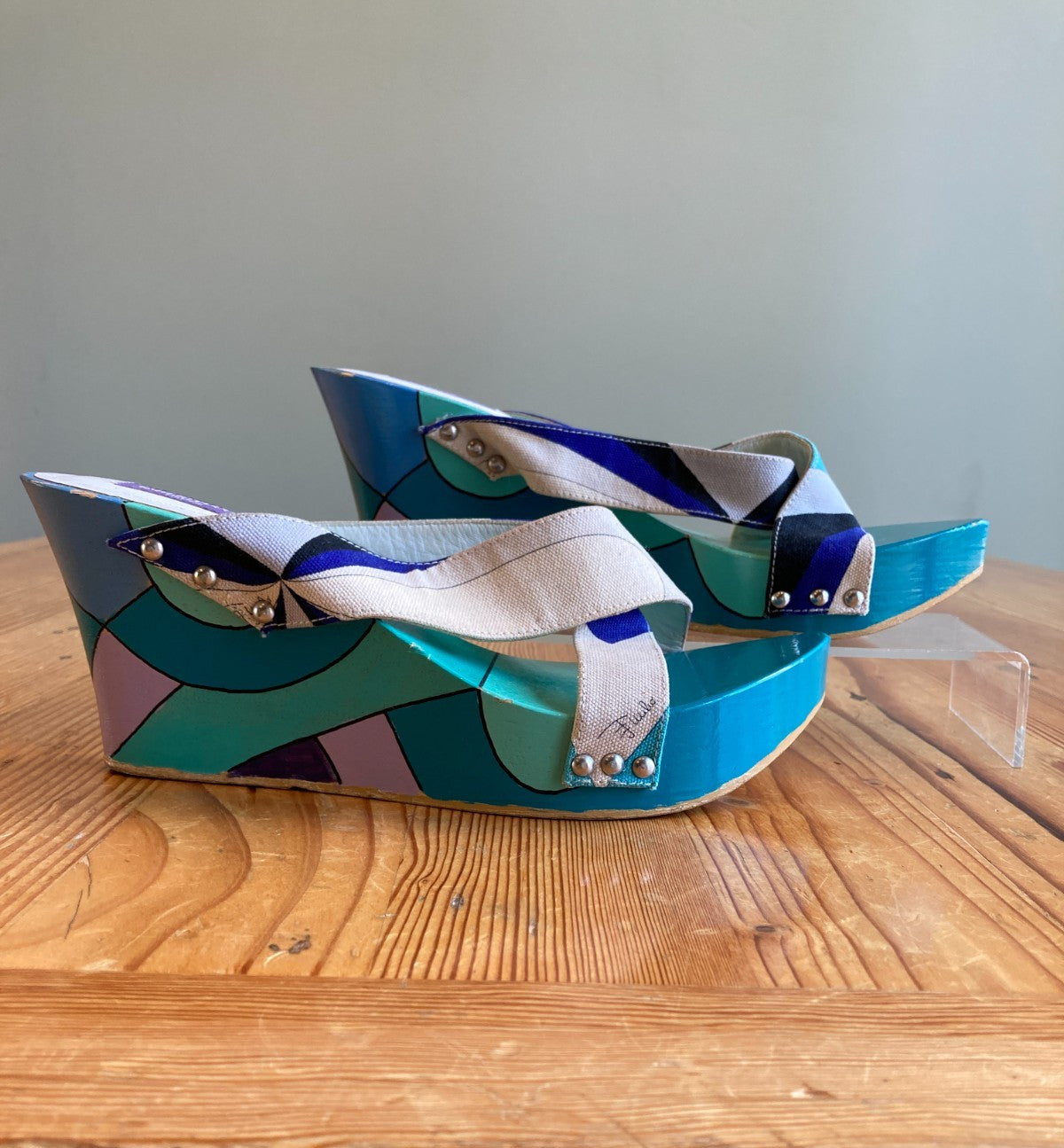 Emilio Pucci Aqua Teal Pointed Slip-on Wedge Sandals - Size 39 / 8.5 - 1019HV