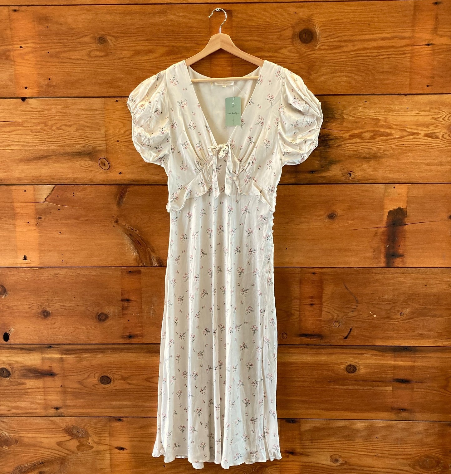 Love Shack Fancy White Floral Silk V-Neck Short Sleeve Dress - Size 8 - 1011SC
