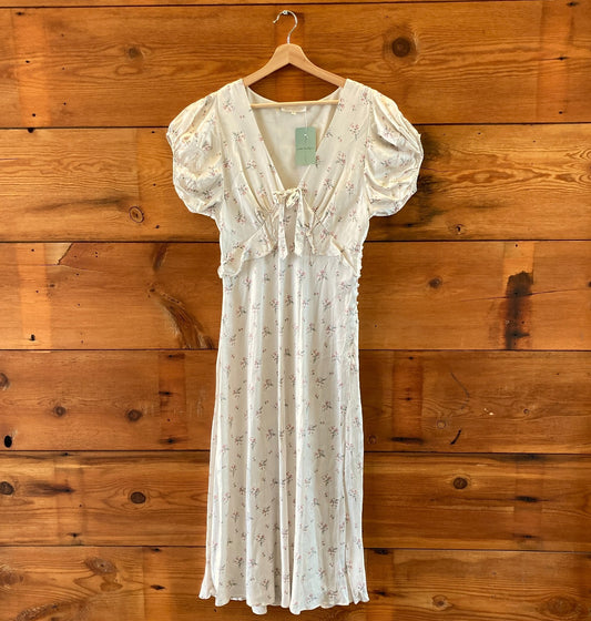 Love Shack Fancy White Floral Silk V-Neck Short Sleeve Dress - Size 8 - 1011SC