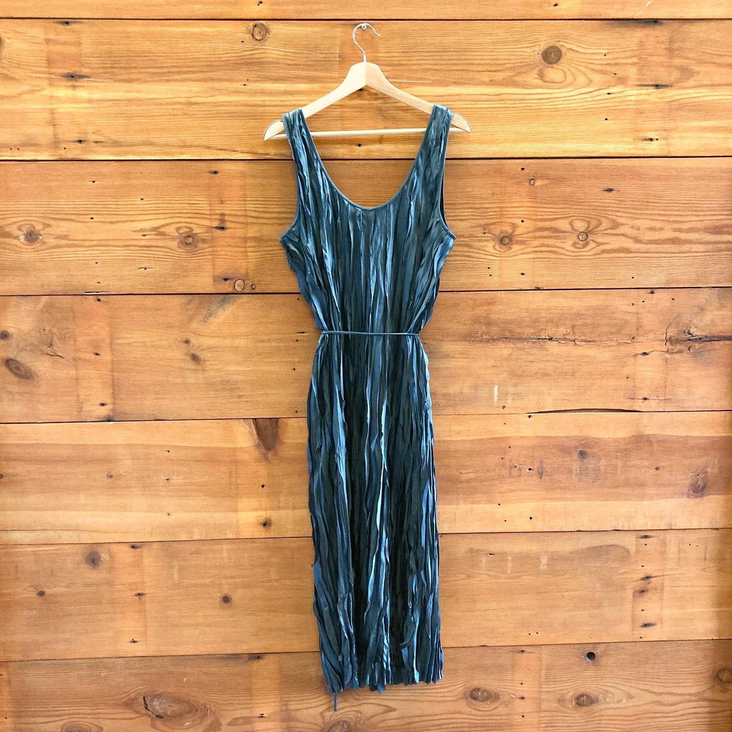 L - Vince Marine Stone Teal Crushed Satin Bias Tank Dress 0523HS