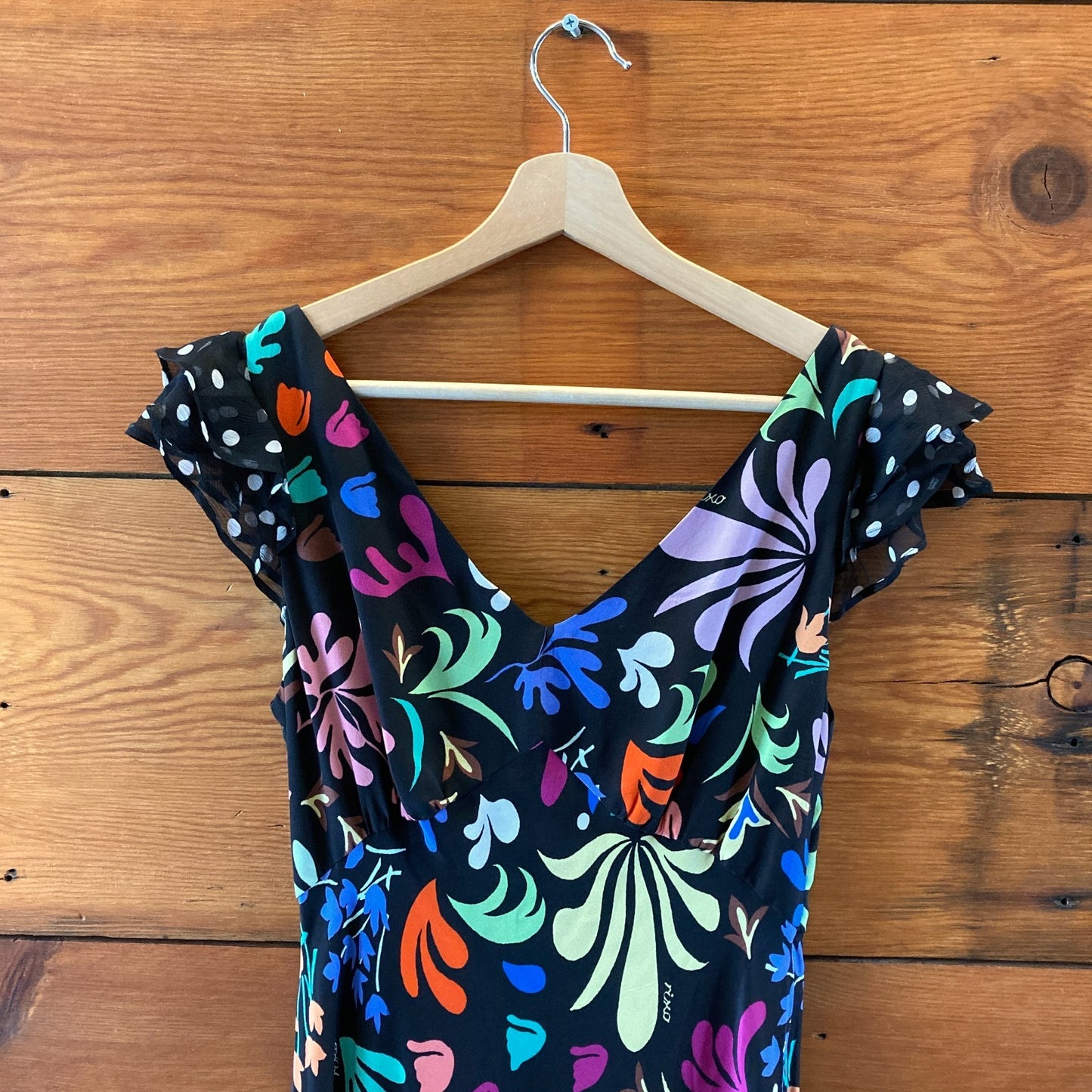 Rixo Black Floral Polka Dot  Print Silk Ossey Maxi Dress - Size S / 6 - 0121CE