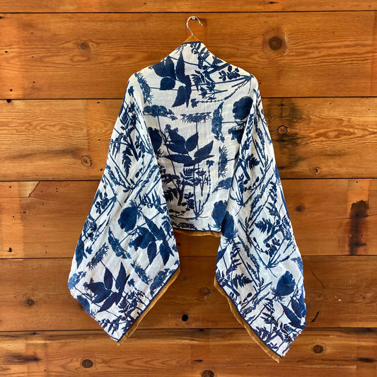 Epice Paris Blue White Floral Print Linen Blend Scarf - 4427SC