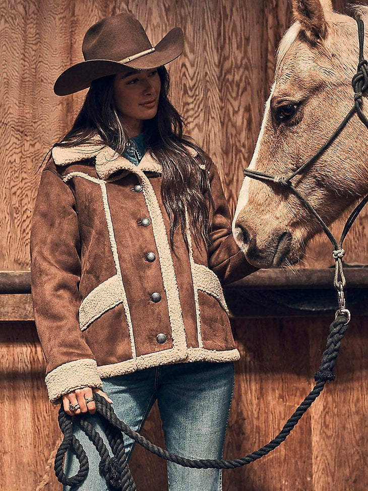 Wrangler Brown Retro Faux Shearling Barn Coat Womens Jacket - Size S - 0312IG