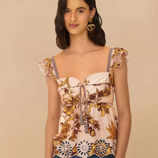 Farm Rio $180 Tropical Landing Embroidered Cotton Tank Top - Sz M - NEW - 0715DP