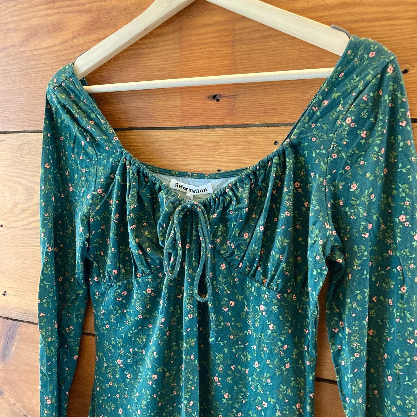 Reformation Dark Green Floral Patterned Stretch Knit Dress - Size L - 1125EA