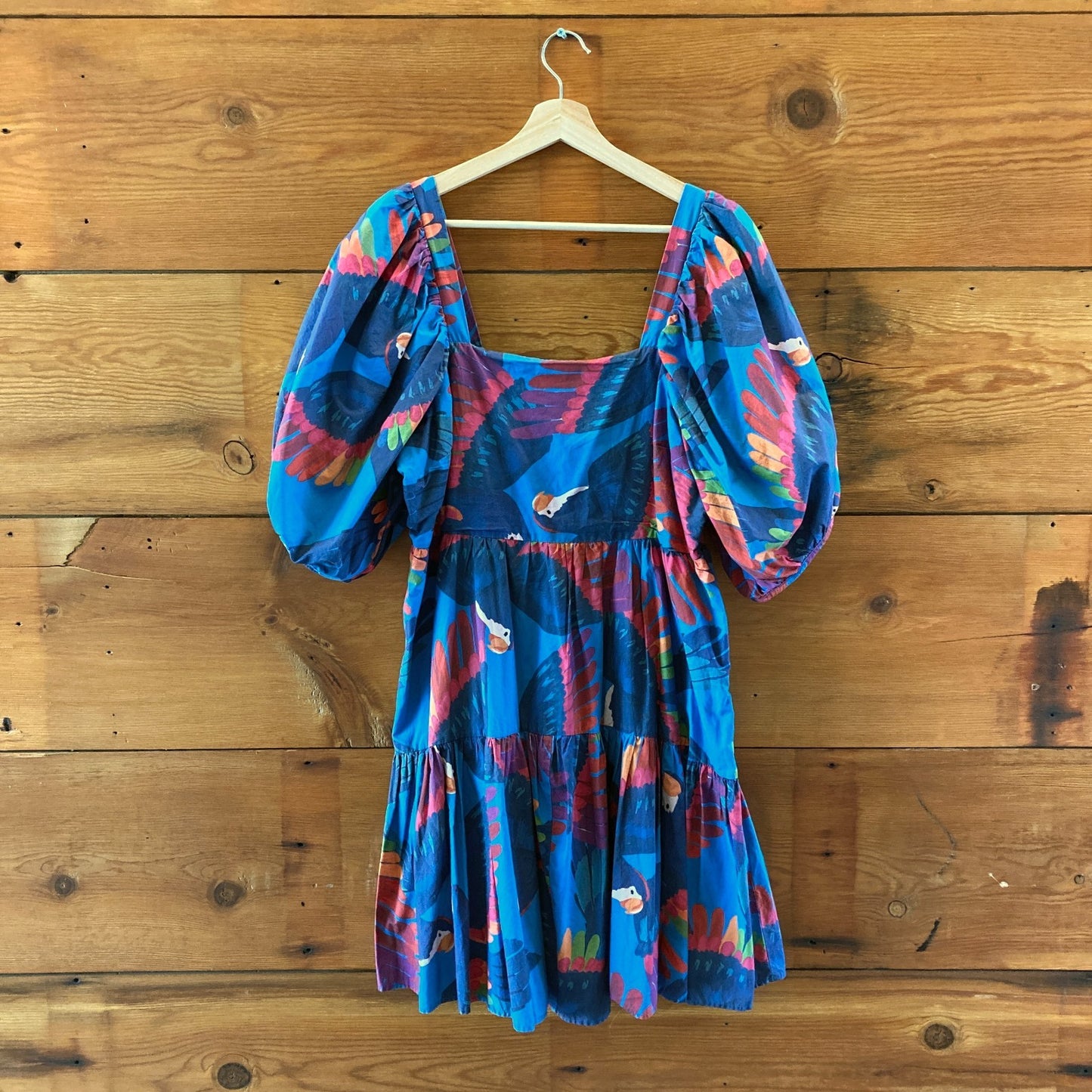 Farm Rio Blue Rainbow Macaw Print Puff Sleeve Mini Dress - Size XL - 0218NM