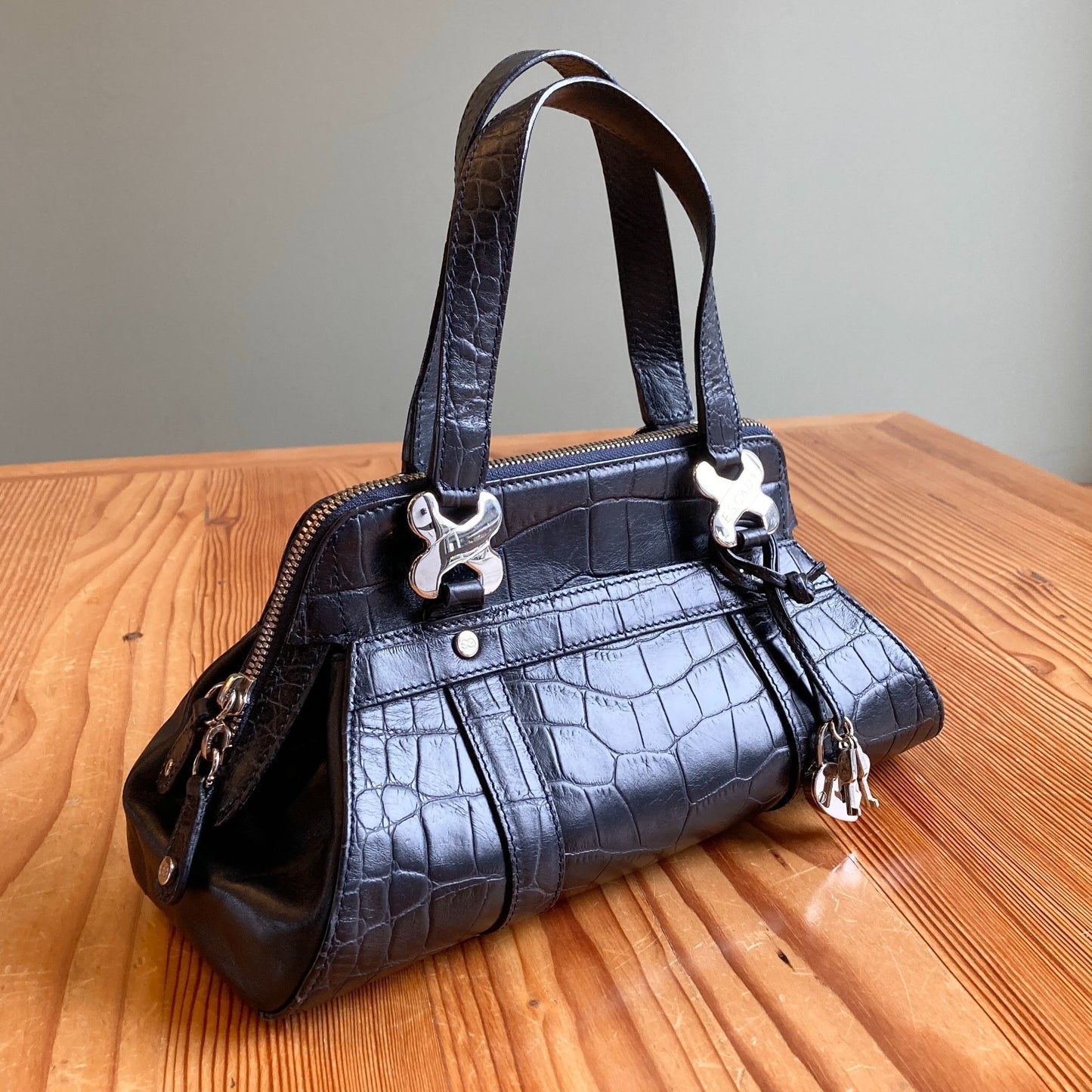 Vintage Escada Black Croc Embossed Top Zip Mini Handbag Purse 1107SS