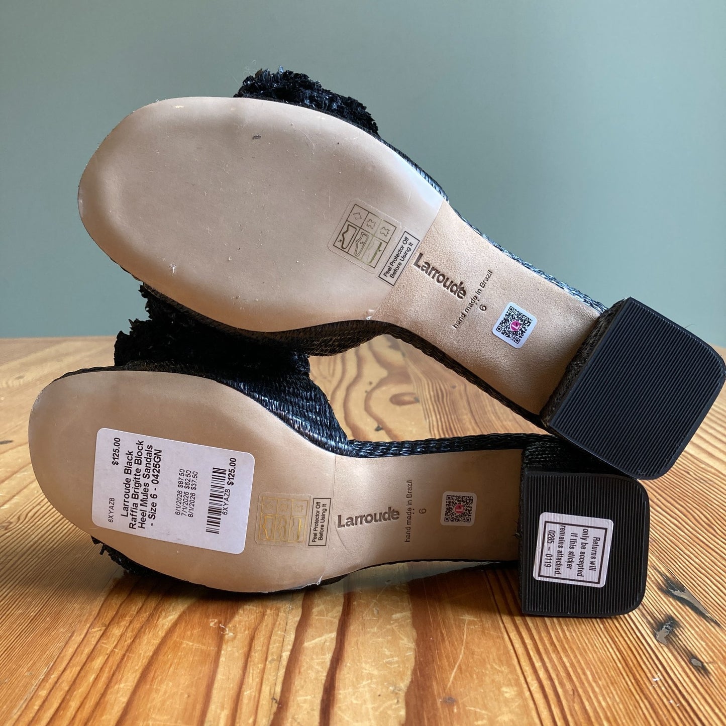 Larroude Black Raffia Brigitte Block Heel Mules Sandals - Size 6 - 0425GN