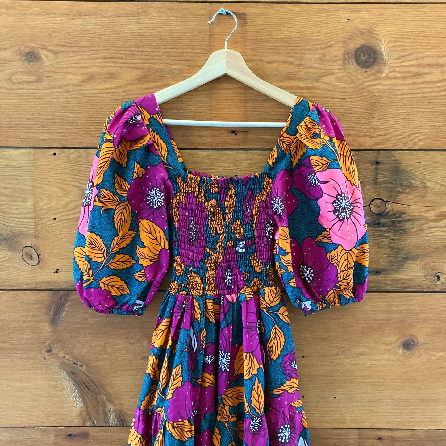 Elisamama Hibiscus Pink Green Floral Print Smocked Maxi Dress - Size S - 1103BW