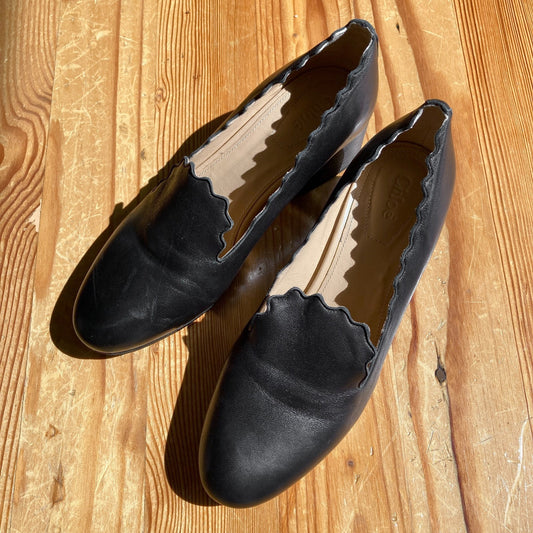 Chloe Black Leather Scallop Lauren Loafers Heels Shoes - Sz 36.5 / 6.5 - 0927EK