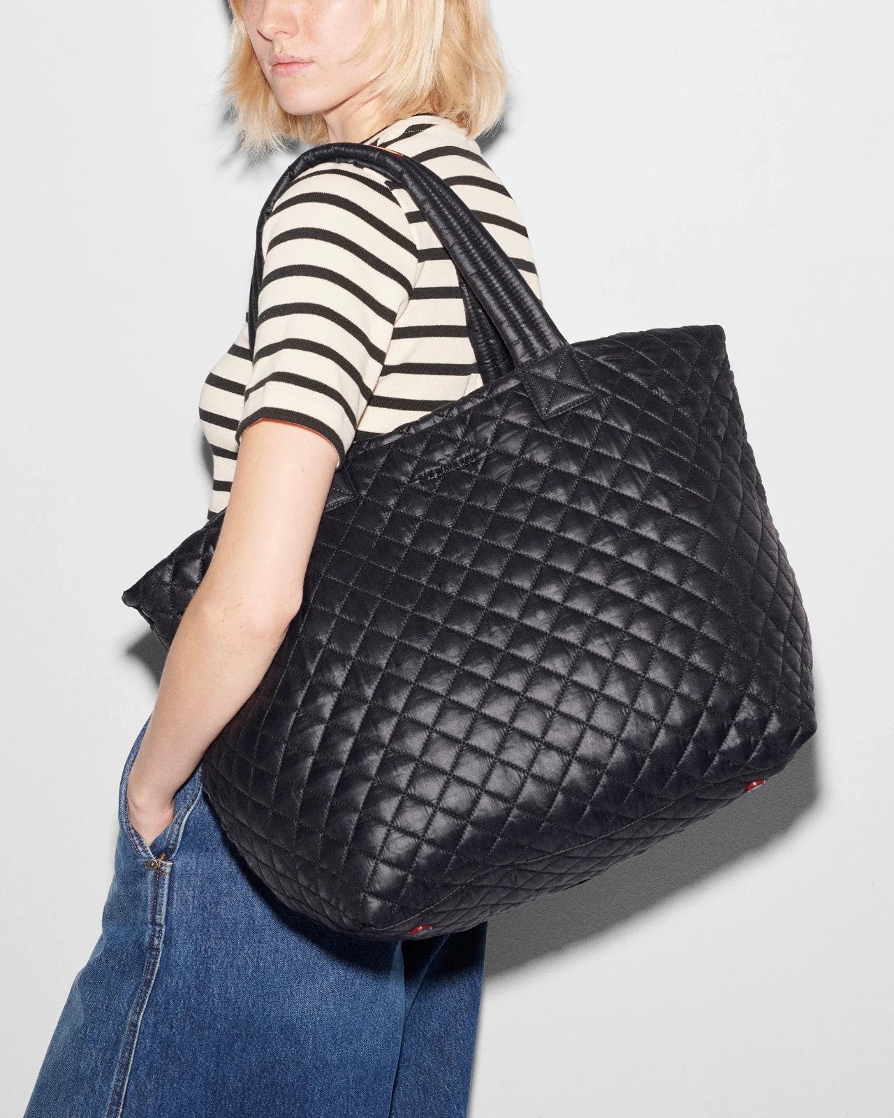 MZ Wallace Black Double Handle Quilted Tote Bag Purse w/ Pouch - 0419QD
